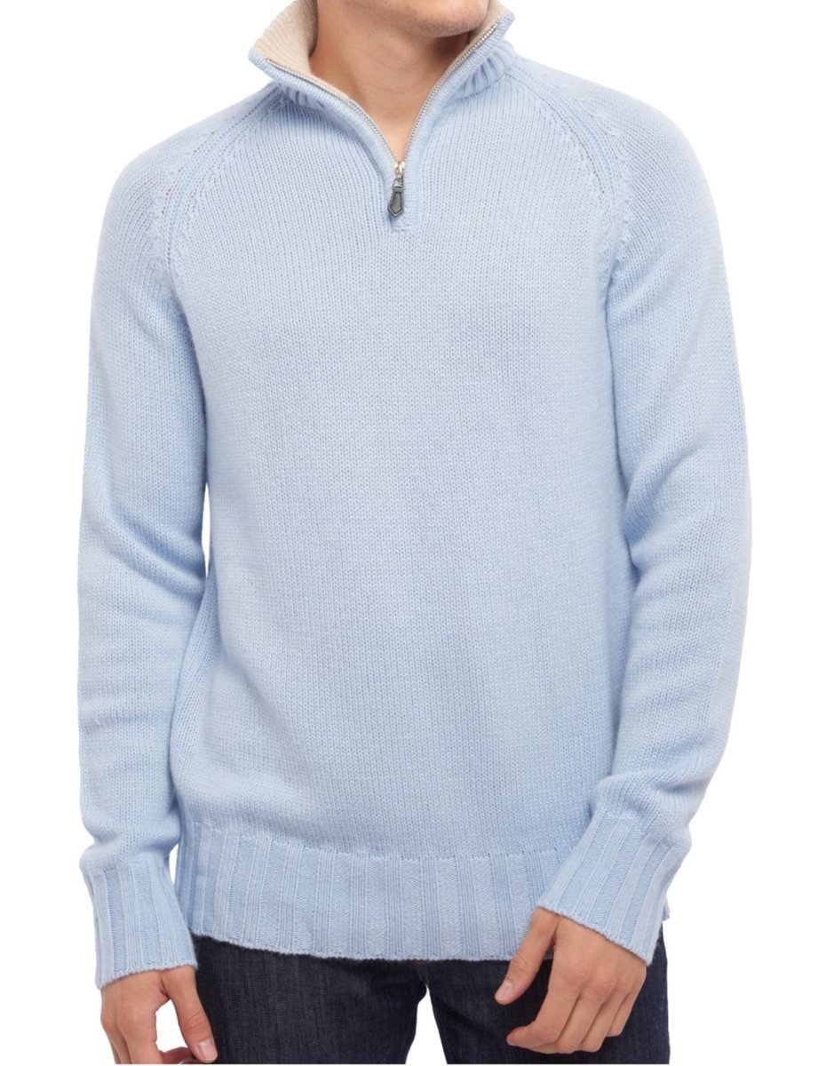 Balldiri 100% Kaschmir Herren Troyer Kontrastkragen 8 - fädig - himmelblau/beige - Balldiri