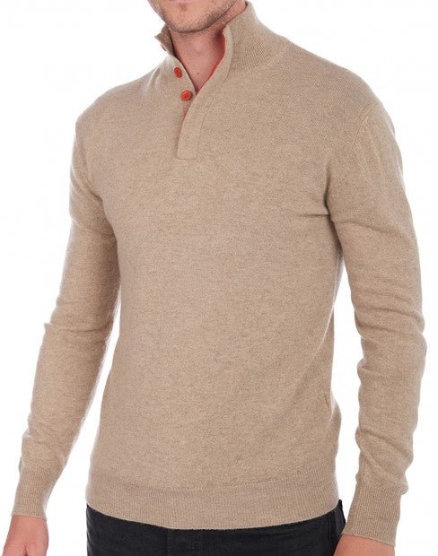 Balldiri 100% Kaschmir Herren Troyer mit Knöpfe 2 - fädig - naturbraun/paprika - Balldiri