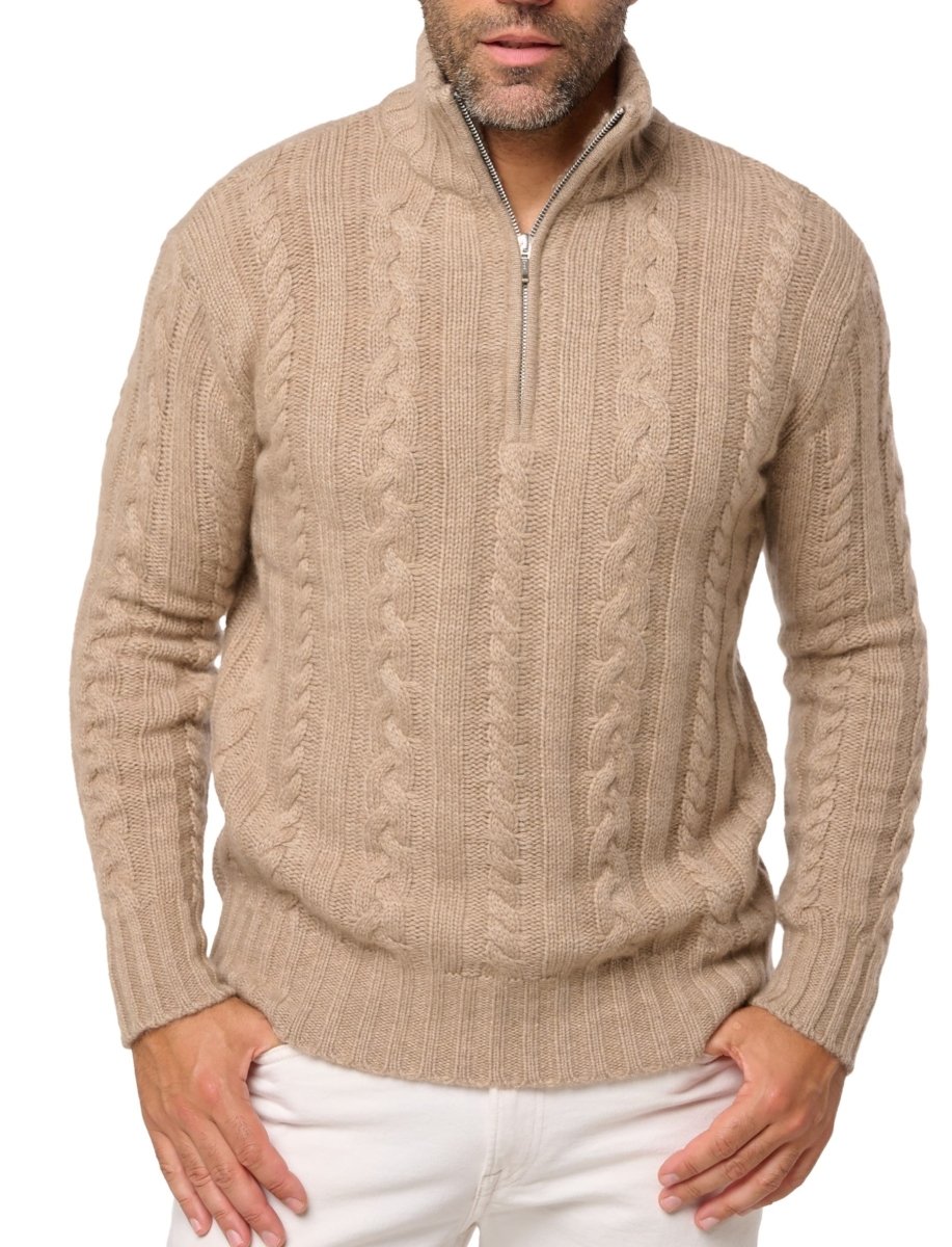 Balldiri 100% Kaschmir Herren Troyer Zopfmuster 10 - fädig - natur braun - Balldiri