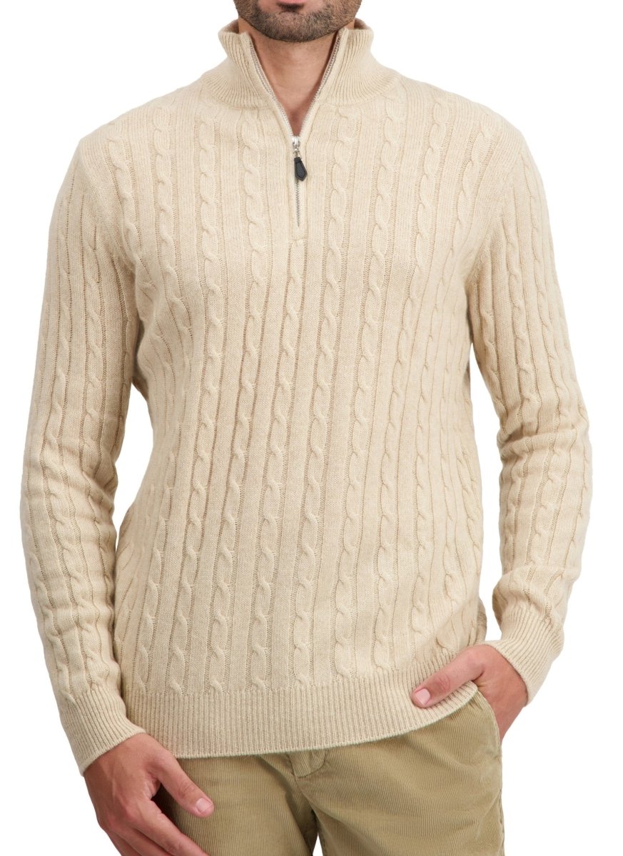 Balldiri 100% Kaschmir Herren Troyer Zopfmuster 4 - fädig - beige - Balldiri