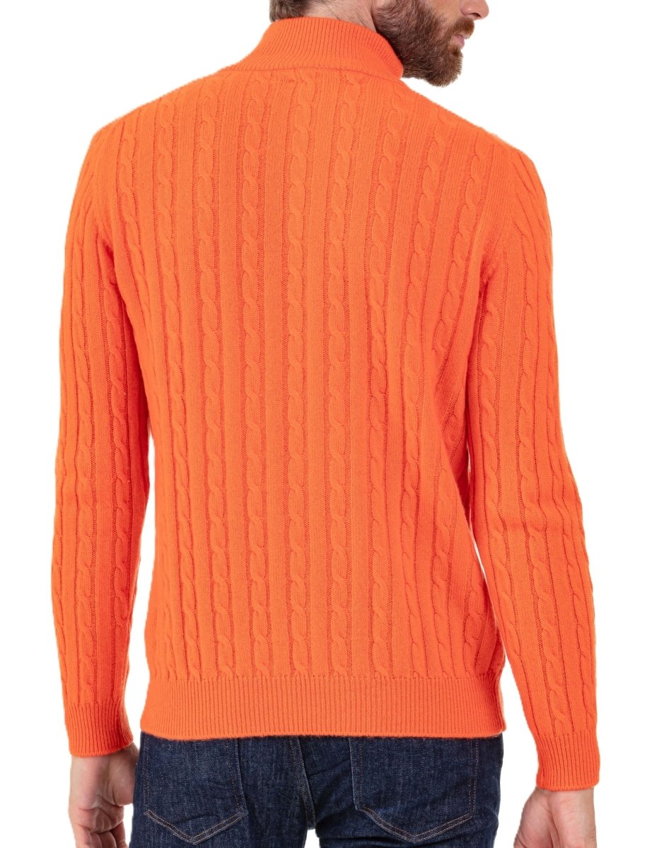 Balldiri 100% Kaschmir Herren Troyer Zopfmuster 4 - fädig - orange - Balldiri