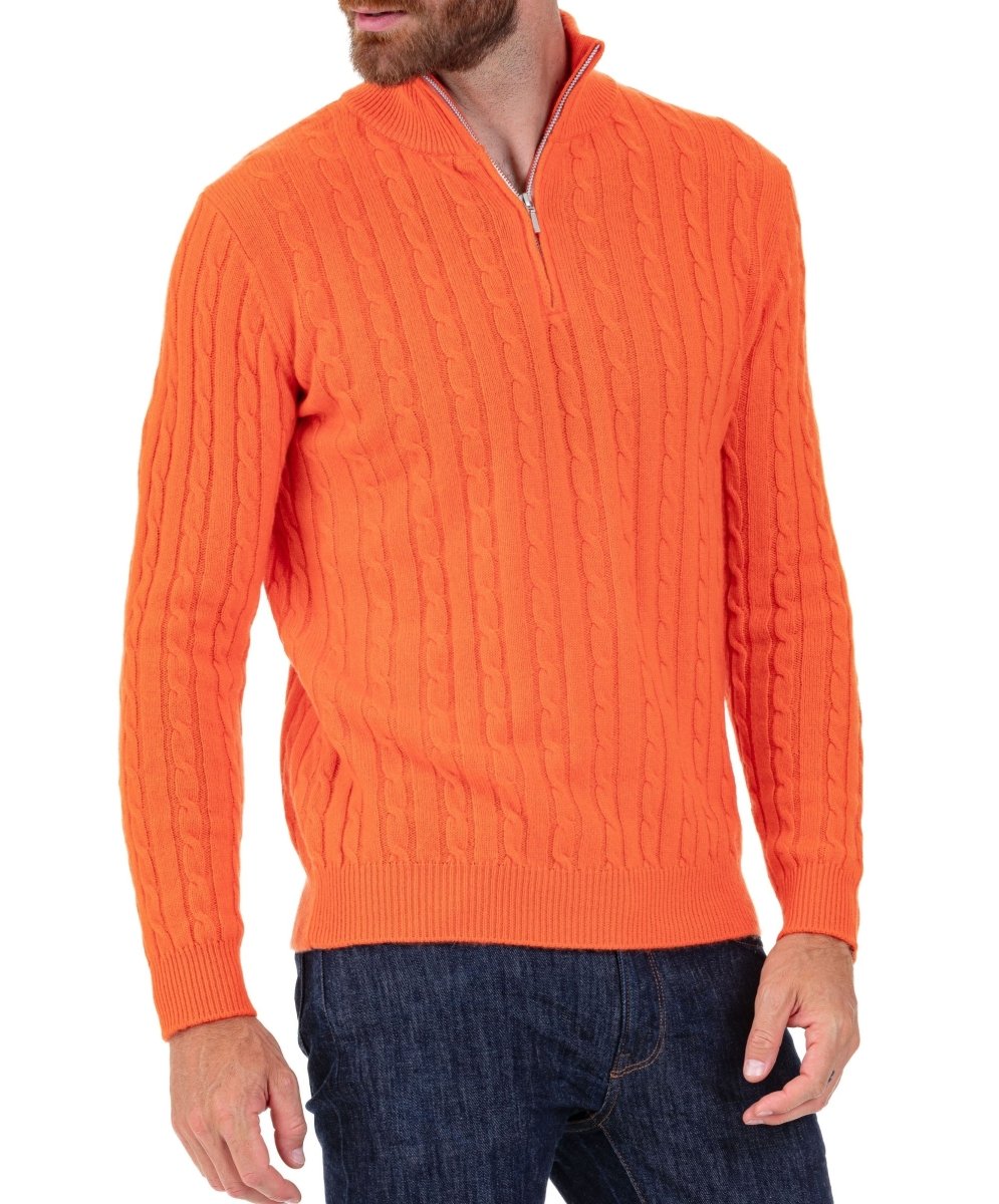 Balldiri 100% Kaschmir Herren Troyer Zopfmuster 4 - fädig - orange - Balldiri