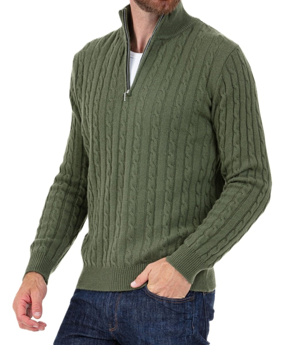 Balldiri 100% Kaschmir Herren Troyer Zopfmuster 4 - fädig - khaki - Balldiri