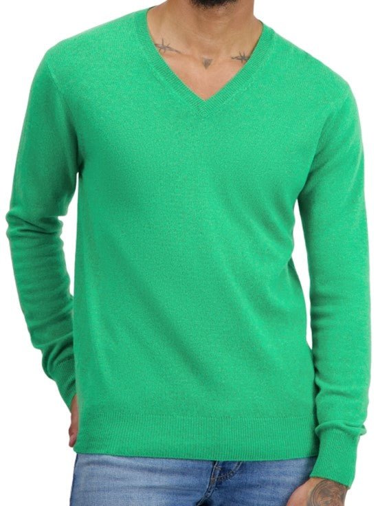 Balldiri 100% Kaschmir Herren V - Pullover 2 - fädig - grasgrün - Balldiri