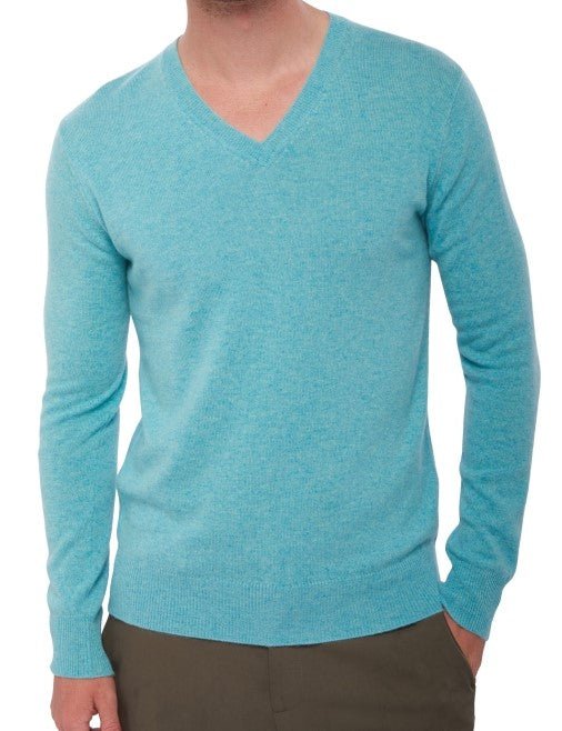 Balldiri 100% Kaschmir Herren V - Pullover 2 - fädig - türkis meliert - Balldiri
