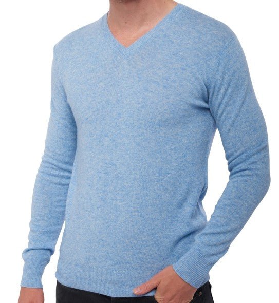 Balldiri 100% Kaschmir Herren V - Pullover 2 - fädig - himmelblau meliert - Balldiri