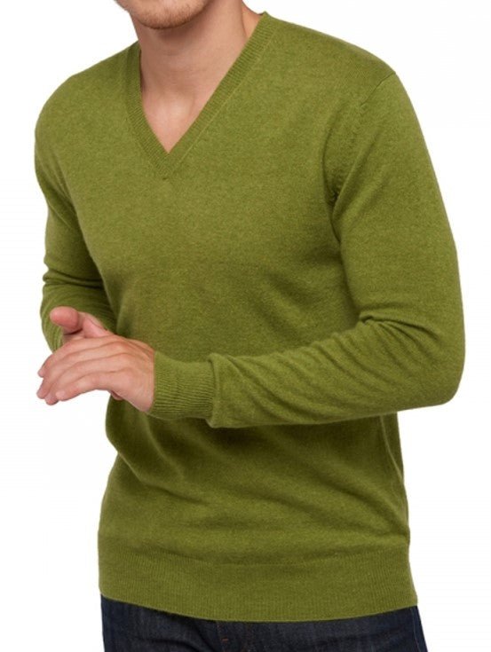 Balldiri 100% Kaschmir Herren V - Pullover 2 - fädig - sommergrün - Balldiri