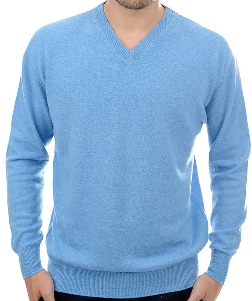 Balldiri 100% Kaschmir Herren V - Pullover 2 - fädig - Hochwertiger Kaschmir Herren Pullover - azurblau meliert - Balldiri