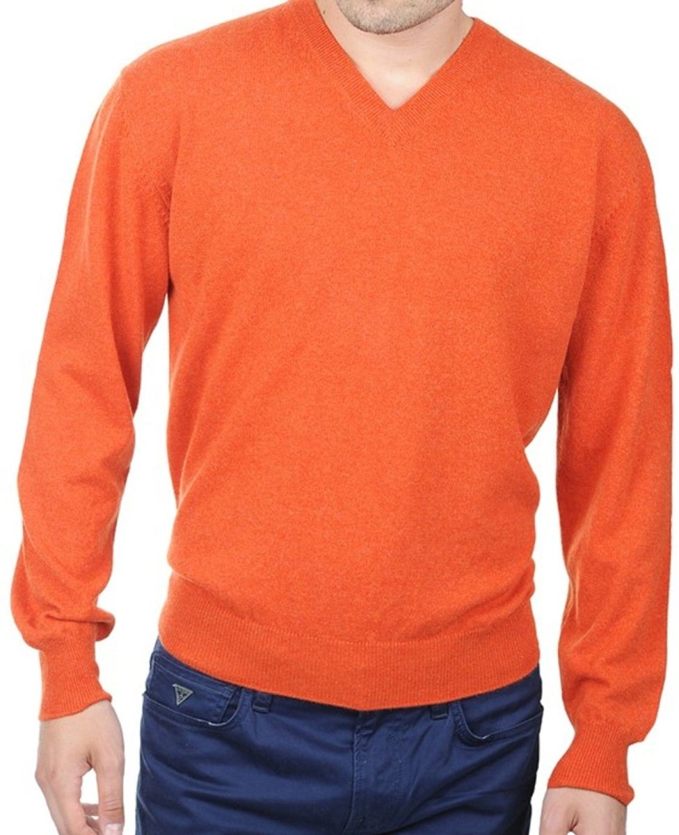 Balldiri 100% Kaschmir Herren V - Pullover 2 - fädig - Hochwertiger Kaschmir Herren Pullover - Orange - Balldiri
