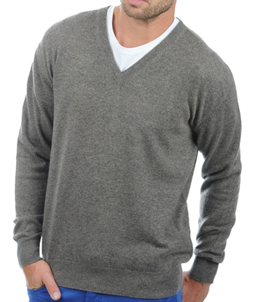 Balldiri 100% Kaschmir Herren V - Pullover 2 - fädig - Hochwertiger Kaschmir Herren Pullover - graubraun meliert - Balldiri