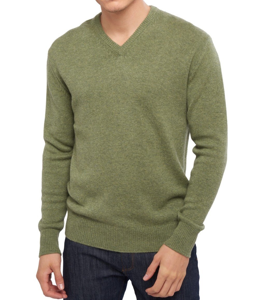 Balldiri 100% Kaschmir Herren V - Pullover 4 - fädig - grün meliert - Balldiri