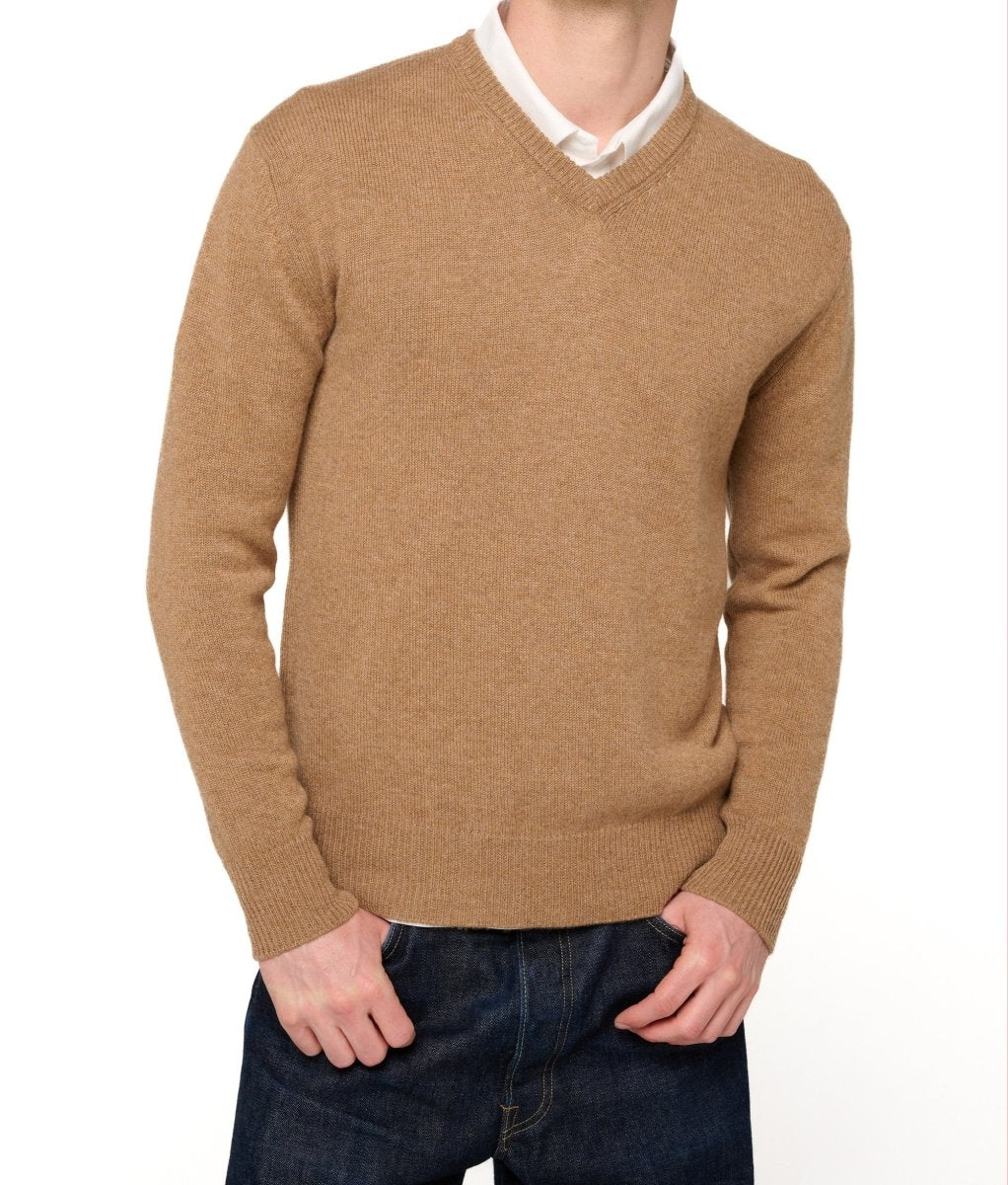 Balldiri 100% Kaschmir Herren V - Pullover 4 - fädig - camel meliert - Balldiri