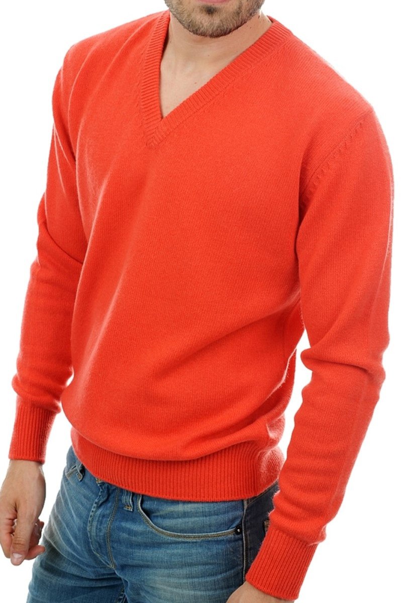 Balldiri 100% Kaschmir Herren V - Pullover 4 - fädig - koralle - Balldiri