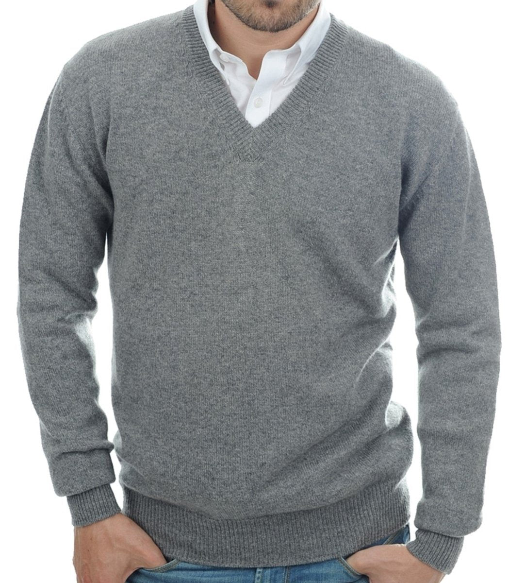 Balldiri 100% Kaschmir Herren V - Pullover 4 - fädig - grau meliert - Balldiri
