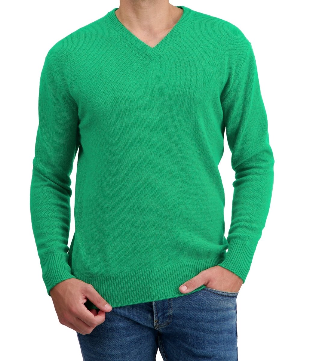 Balldiri 100% Kaschmir Herren V - Pullover 4 - fädig - grasgrün - Balldiri