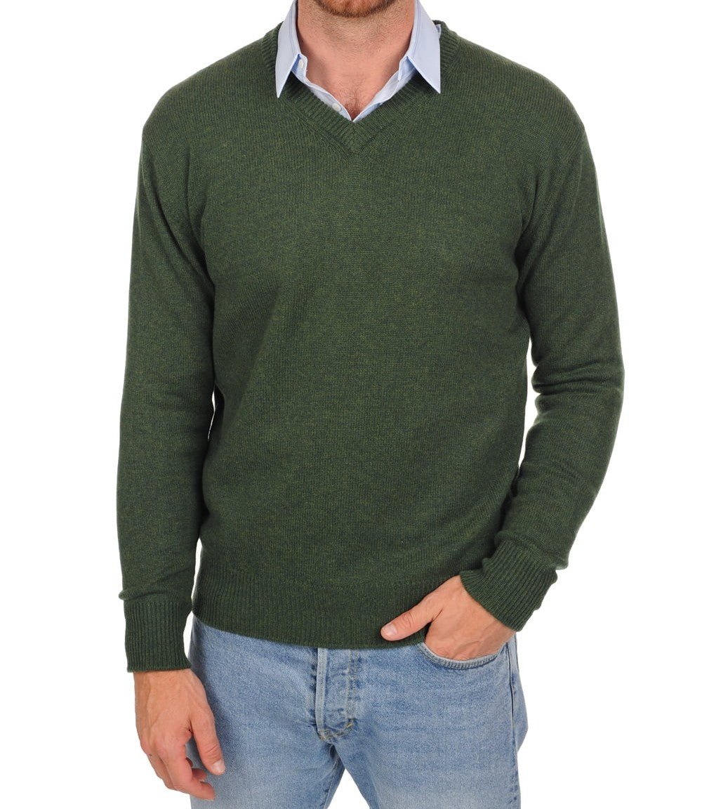 Balldiri 100% Kaschmir Herren V - Pullover 4 - fädig - grün - Balldiri