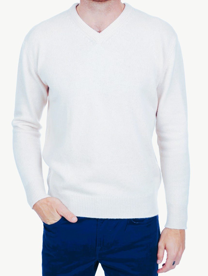 Balldiri 100% Kaschmir Herren V - Pullover 4 - fädig - weiß - Balldiri