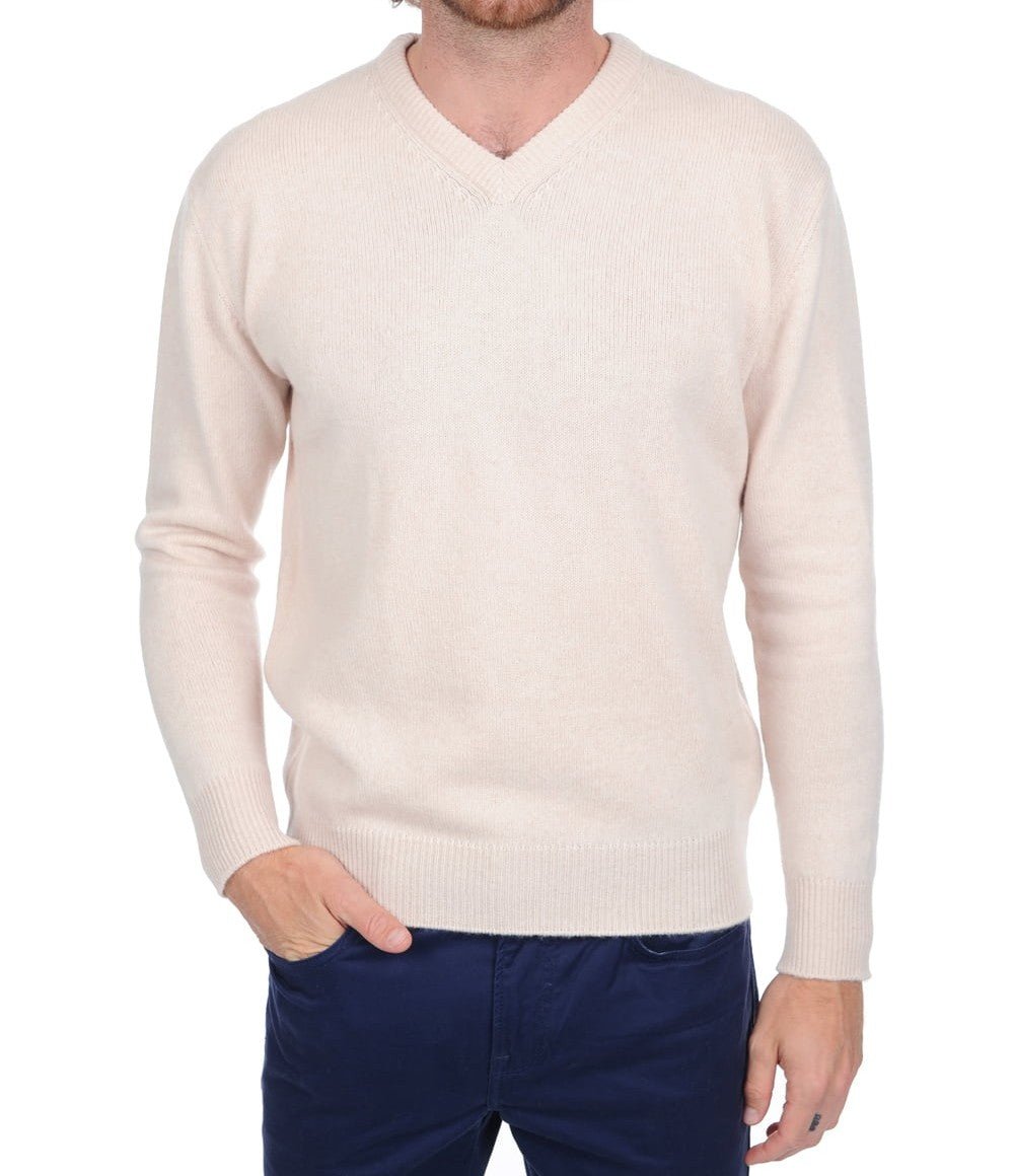 Balldiri 100% Kaschmir Herren V - Pullover 4 - fädig - ecru - Balldiri