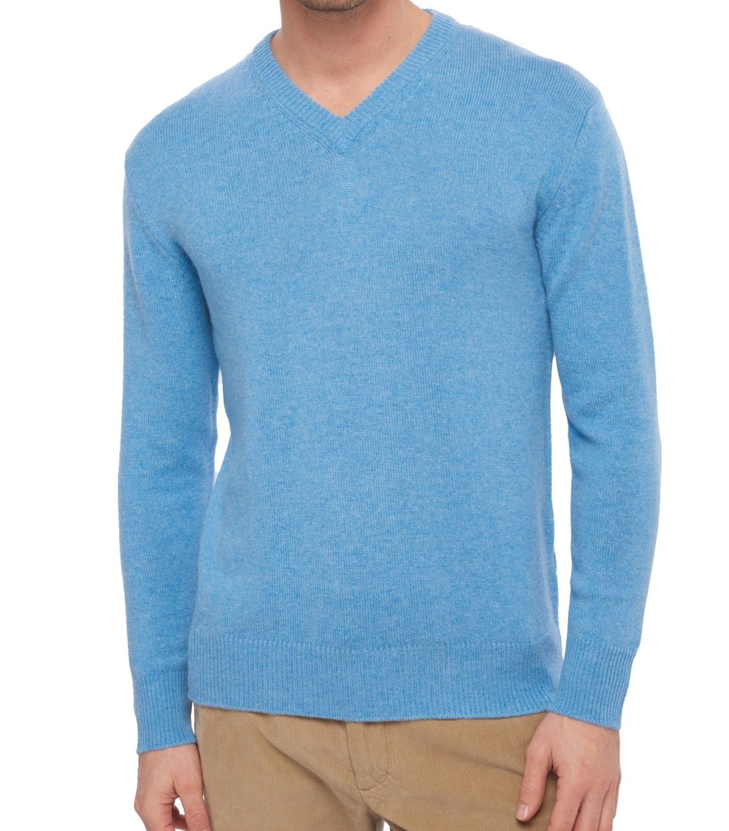 Balldiri 100% Kaschmir Herren V - Pullover 4 - fädig - azurblau meliert - Balldiri