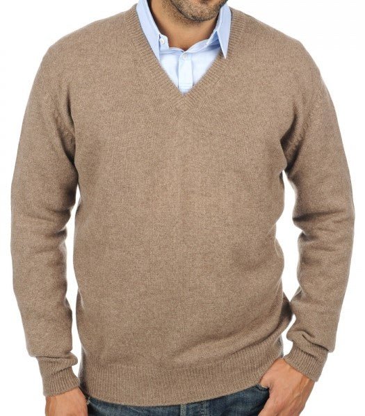 Balldiri 100% Kaschmir Herren V - Pullover 4 - fädig - naturbraun - Balldiri