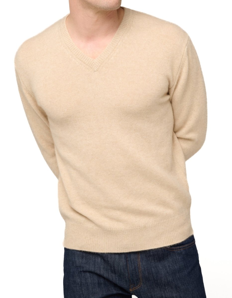 Balldiri 100% Kaschmir Herren V - Pullover 4 - fädig - beige - Balldiri