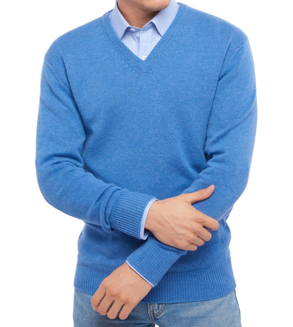 Balldiri 100% Kaschmir Herren V - Pullover 4 - fädig - blau meliert - Balldiri