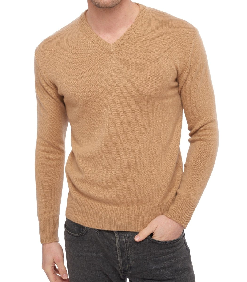 Balldiri 100% Kaschmir Herren V - Pullover 4 - fädig - camel - Balldiri
