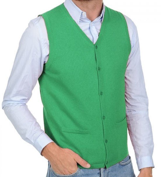 Balldiri 100% Kaschmir Herren Weste mit Knöpfe 2 - fädig - grasgrün - Balldiri