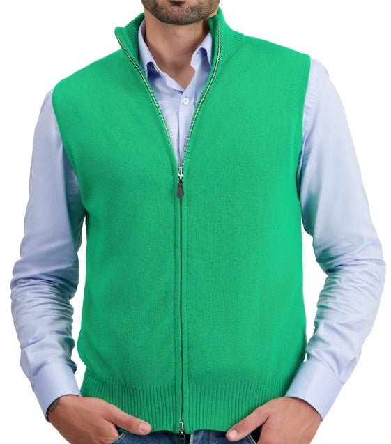 Balldiri 100% Kaschmir Herren Weste mit Stehkragen 2 - fädig - grasgrün - Balldiri