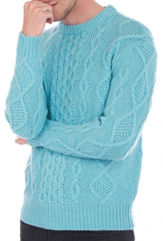 Balldiri 100% Kaschmir Herren Zopfpullover rundhals 12 - fädig - türkis - Balldiri