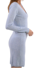 Balldiri 100% Kaschmir Kleid Damen V - Ausschnitt 2 - fädig für elegante Auftritte - himmelblau - Balldiri