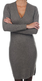 Balldiri 100% Kaschmir Kleid Damen V - Ausschnitt 2 - fädig für elegante Auftritte - graubraun - Balldiri