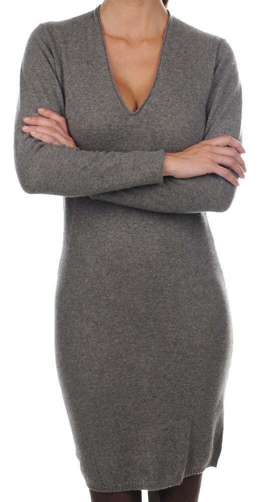 Balldiri 100% Kaschmir Kleid Damen V - Ausschnitt 2 - fädig für elegante Auftritte - graubraun - Balldiri