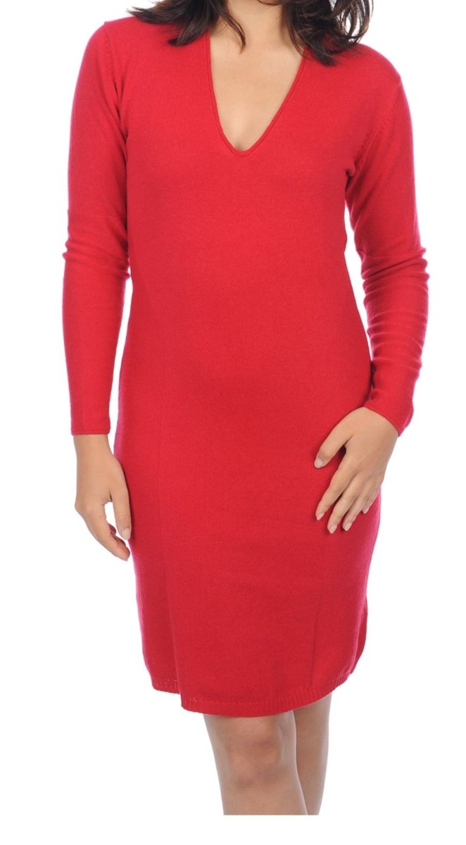 Balldiri 100% Kaschmir Kleid Damen V - Ausschnitt 2 - fädig für elegante Auftritte - Rot - Balldiri