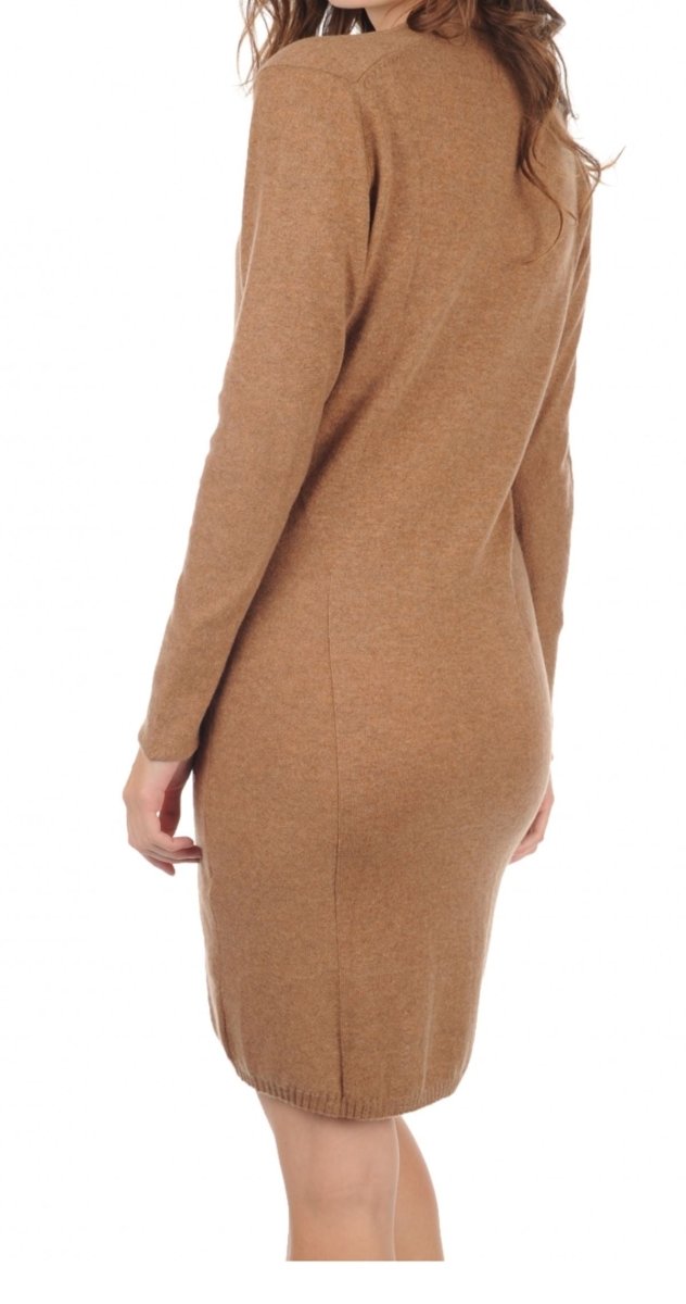 Balldiri 100% Kaschmir Kleid Damen V - Ausschnitt 2 - fädig für elegante Auftritte - camel - Balldiri