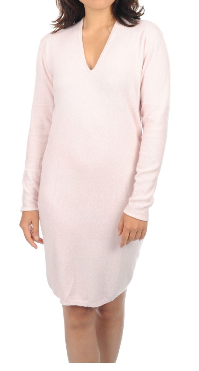 Balldiri 100% Kaschmir Kleid Damen V - Ausschnitt 2 - fädig für elegante Auftritte - zartrosa - Balldiri