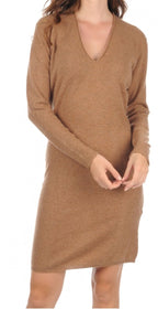 Balldiri 100% Kaschmir Kleid Damen V - Ausschnitt 2 - fädig für elegante Auftritte - camel - Balldiri