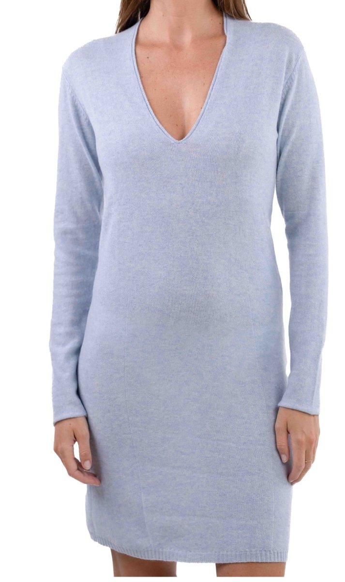 Balldiri 100% Kaschmir Kleid Damen V - Ausschnitt 2 - fädig für elegante Auftritte - himmelblau - Balldiri