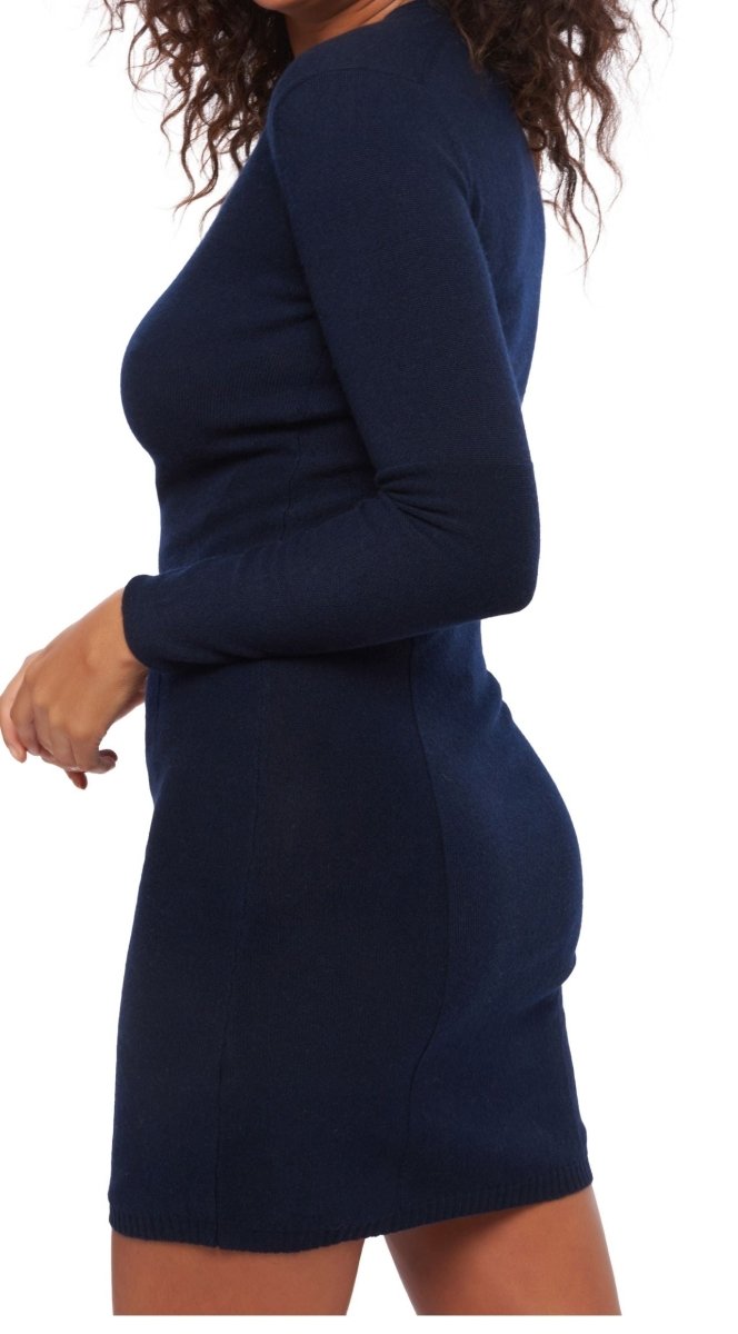 Balldiri 100% Kaschmir Kleid Damen V - Ausschnitt 2 - fädig für elegante Auftritte - nachtblau - Balldiri