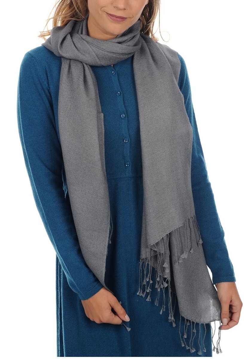 Balldiri 100% Kaschmir Pashmina Schal 201 x 71 cm 2 - fädig - mittelgrau - Balldiri