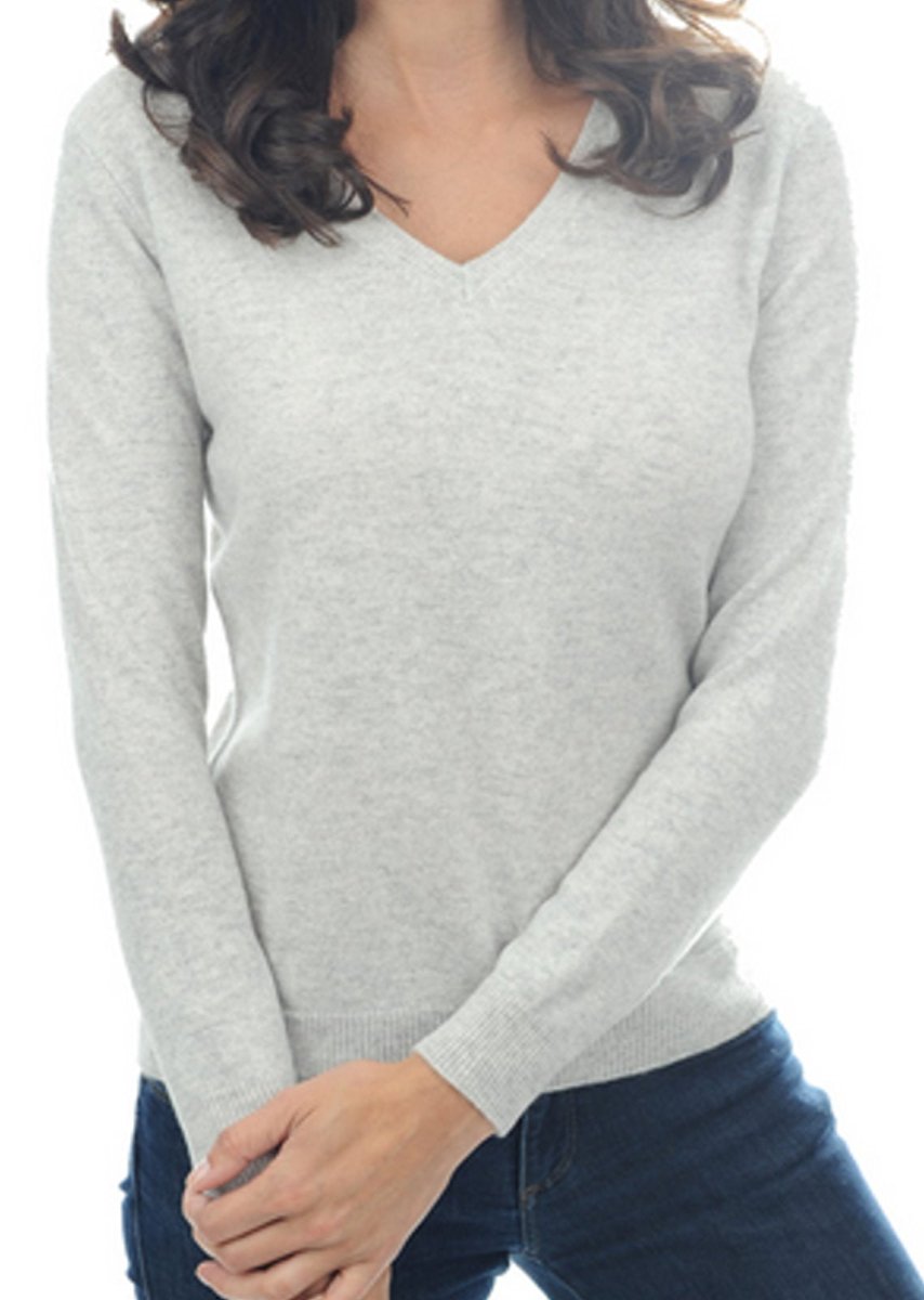 Balldiri 100% Kaschmir Pullover Damen V - Ausschnitt Bündchen 2 - fädig hellgrau L - Balldiri