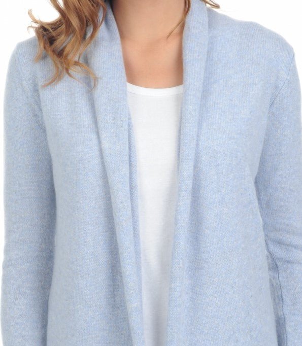Balldiri 100% Kaschmir Schalkragenjacke Damen 4 - fädig für ultimativen Komfort - himmelblau meliert - Balldiri