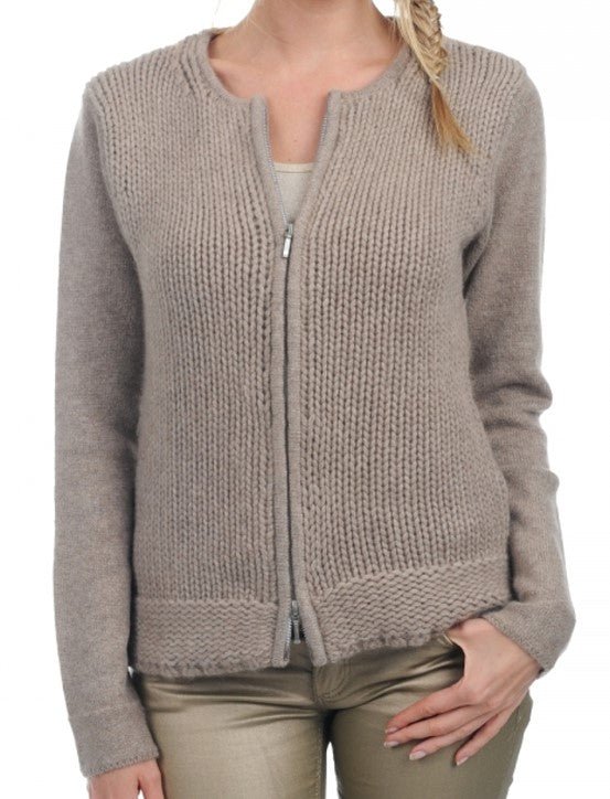 Balldiri 100% Kaschmir Strickjacke Damen 24+4 - fädig für ultimativen Komfort - naturbraun - Balldiri