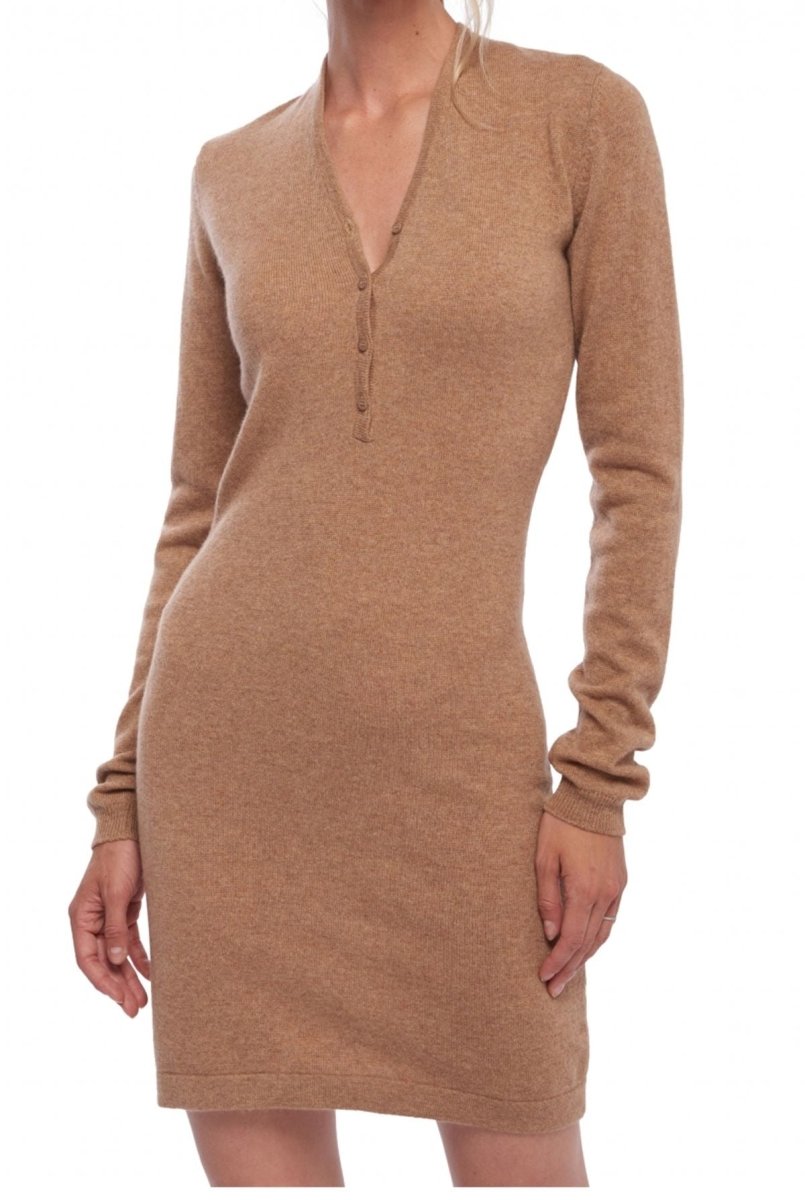 Balldiri 100% Kaschmir V - Kleid Damen mit Knöpfen - 2 - fädig für zeitlose Eleganz - camel - Balldiri