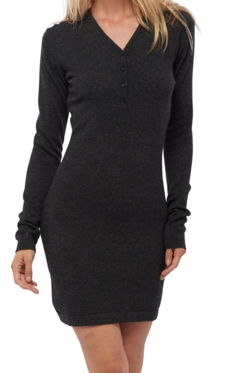 Balldiri 100% Kaschmir V - Kleid Damen mit Knöpfen - 2 - fädig für zeitlose Eleganz - Schwarz - Balldiri