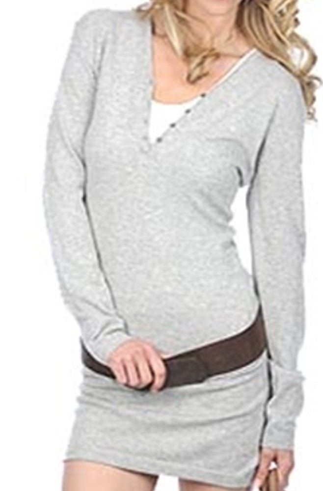 Balldiri 100% Kaschmir V - Kleid Damen mit Knöpfen - 2 - fädig für zeitlose Eleganz - hellgrau - Balldiri