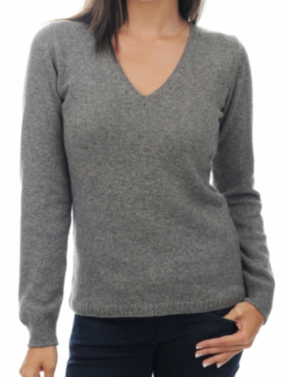 Balldiri 100% Kaschmir V - Pullover Damen 4 - fädig für stilvolle Eleganz - graubraun meliert - Balldiri