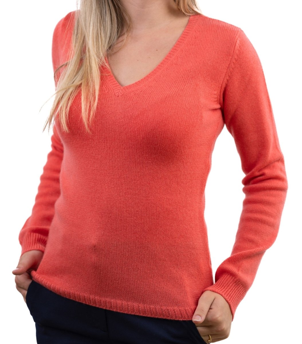 Balldiri 100% Kaschmir V - Pullover Damen 4 - fädig für stilvolle Eleganz - koralle - Balldiri