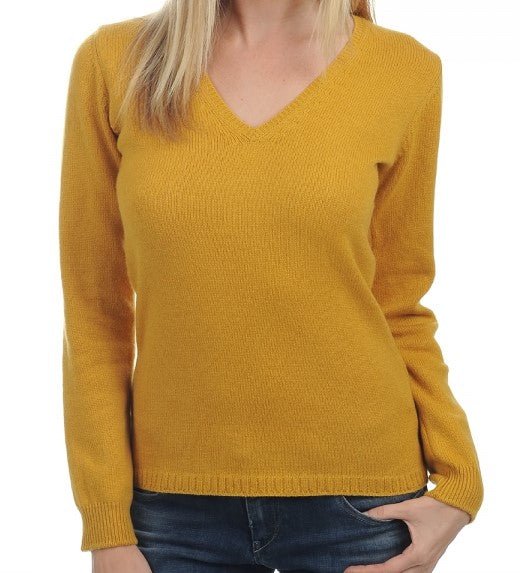 Balldiri 100% Kaschmir V - Pullover Damen 4 - fädig für stilvolle Eleganz - senf - Balldiri