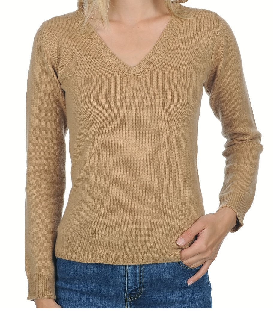 Balldiri 100% Kaschmir V - Pullover Damen 4 - fädig für stilvolle Eleganz - camel - Balldiri